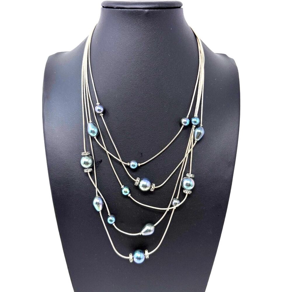 Kenneth Cole Peacock Blue Faux Pearl 5 Strand Station Necklace Silver Tone 16"
